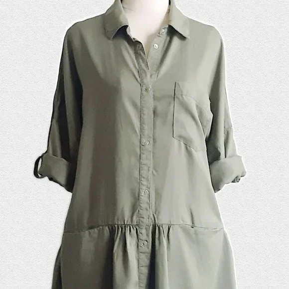 Zara Olive Green Denim Shirt Dress - Size M - Picture 3 of 7
